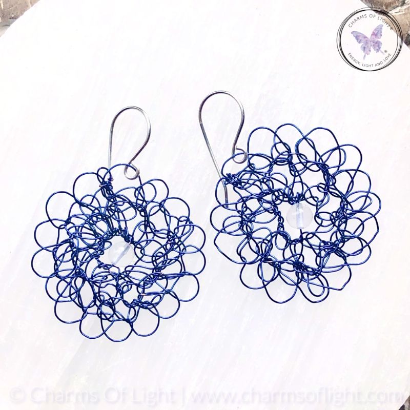 Copper Wire Crochet Medallion Earrings With Clear Quartz (Blue)